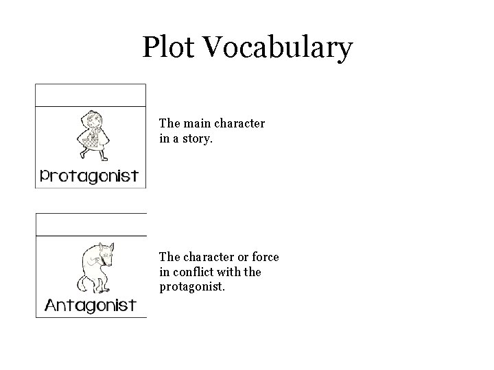 Plot Vocabulary The main character in a story. The character or force in conflict