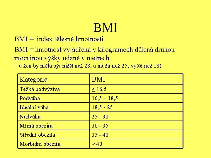 BMI = index tělesné hmotnosti BMI = hmotnost vyjádřená v kilogramech dělená druhou mocninou