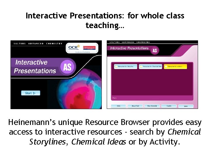 Interactive Presentations: for whole class teaching… Heinemann’s unique Resource Browser provides easy access to