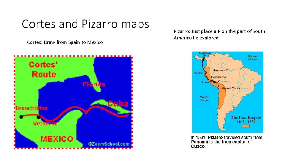 Cortes and Pizarro maps Cortes: Draw from Spain to Mexico Pizarro: Just place a