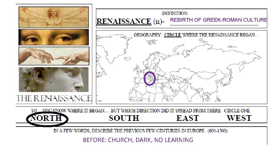 REBIRTH OF GREEK-ROMAN CULTURE BEFORE: CHURCH, DARK, NO LEARNING 