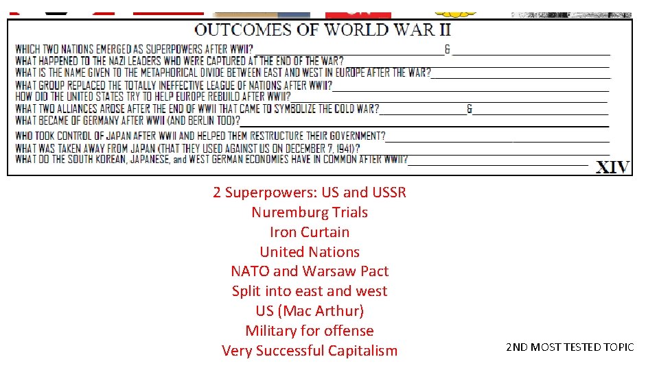 2 Superpowers: US and USSR Nuremburg Trials Iron Curtain United Nations NATO and Warsaw