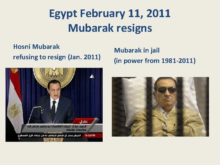 Egypt February 11, 2011 Mubarak resigns Hosni Mubarak refusing to resign (Jan. 2011) Mubarak