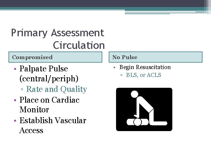 Primary Assessment Circulation Compromised No Pulse • Palpate Pulse (central/periph) ▫ Rate and Quality