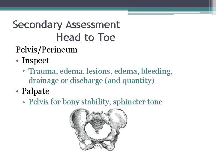 Secondary Assessment Head to Toe Pelvis/Perineum • Inspect ▫ Trauma, edema, lesions, edema, bleeding,