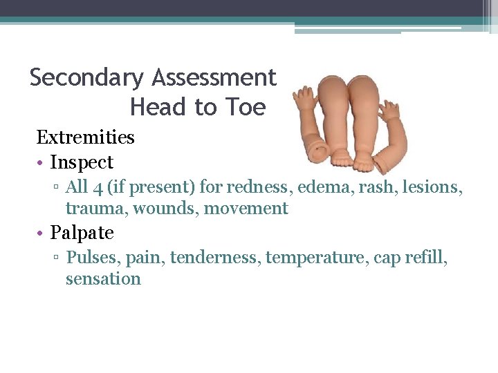 Secondary Assessment Head to Toe Extremities • Inspect ▫ All 4 (if present) for