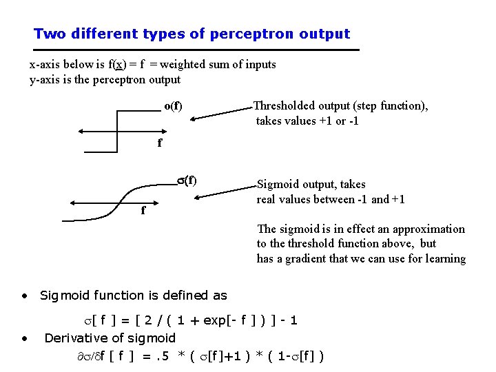Two different types of perceptron output x-axis below is f(x) = f = weighted