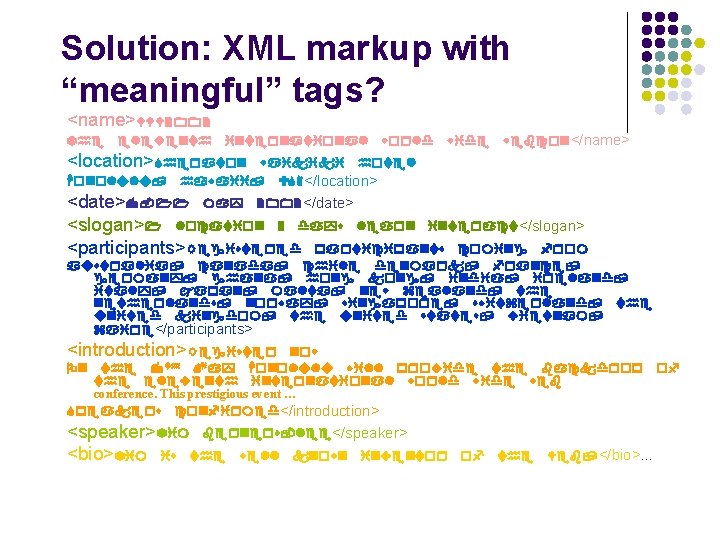 Solution: XML markup with “meaningful” tags? <name>WWW 2002 The eleventh international world wide webcon