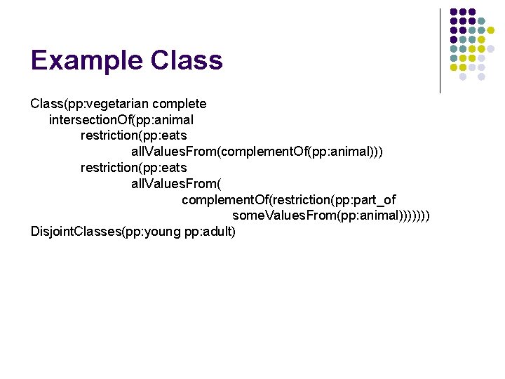 Example Class(pp: vegetarian complete intersection. Of(pp: animal restriction(pp: eats all. Values. From(complement. Of(pp: animal)))