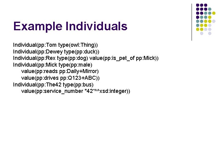 Example Individuals Individual(pp: Tom type(owl: Thing)) Individual(pp: Dewey type(pp: duck)) Individual(pp: Rex type(pp: dog)