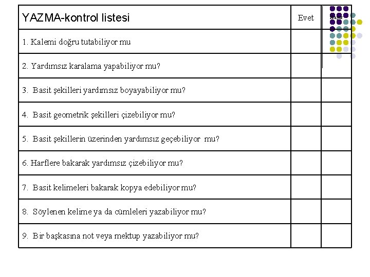 YAZMA-kontrol listesi 1. Kalemi doğru tutabiliyor mu 2. Yardımsız karalama yapabiliyor mu? 3. Basit