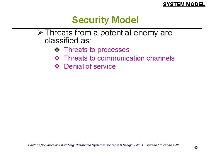 SYSTEM MODEL Security Model Ø Threats from a potential enemy are classified as: v SYSTEM MODEL Security Model Ø Threats from a potential enemy are classified as: v