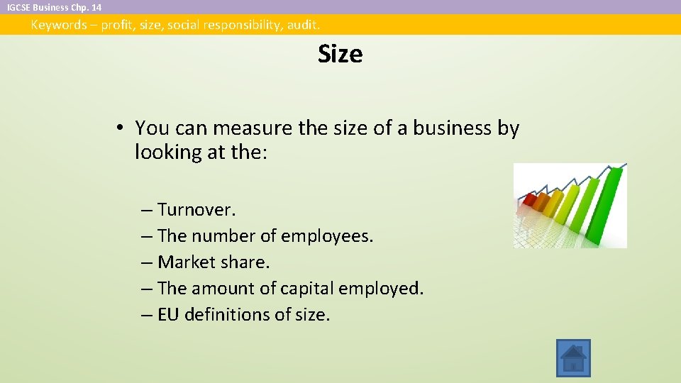 IGCSE Business Chp. 14 Keywords – profit, size, social responsibility, audit. Size • You