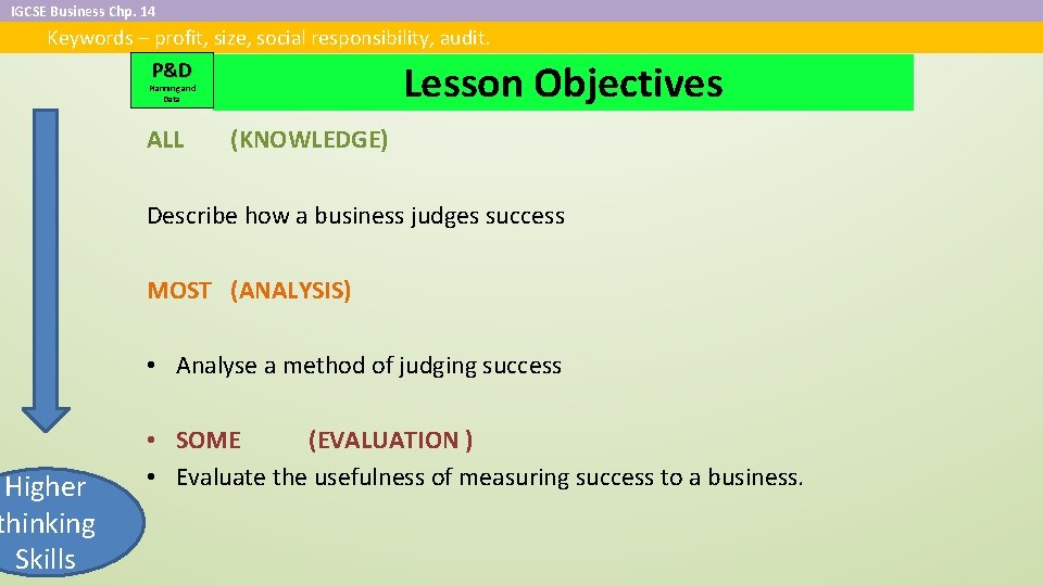 IGCSE Business Chp. 14 Keywords – profit, size, social responsibility, audit. P&D Higher thinking