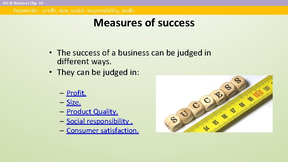 IGCSE Business Chp. 14 Keywords – profit, size, social responsibility, audit. Measures of success
