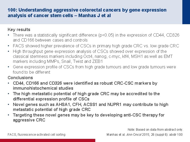 100: Understanding aggressive colorectal cancers by gene expression analysis of cancer stem cells –