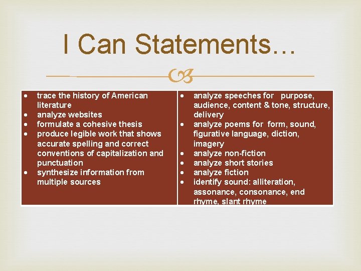 I Can Statements… trace the history of American literature analyze websites formulate a cohesive