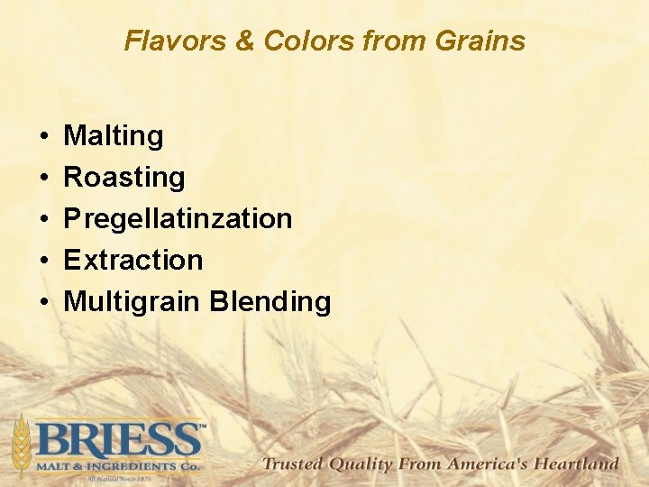 Flavors & Colors from Grains • • • Malting Roasting Pregellatinzation Extraction Multigrain Blending