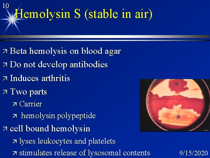 10 Hemolysin S (stable in air) ä Beta hemolysis on blood agar ä Do