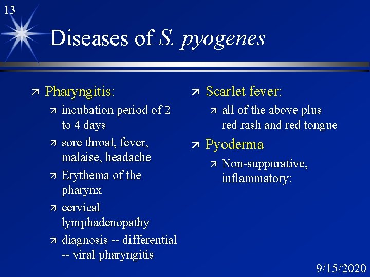 13 Diseases of S. pyogenes ä Pharyngitis: ä ä ä incubation period of 2