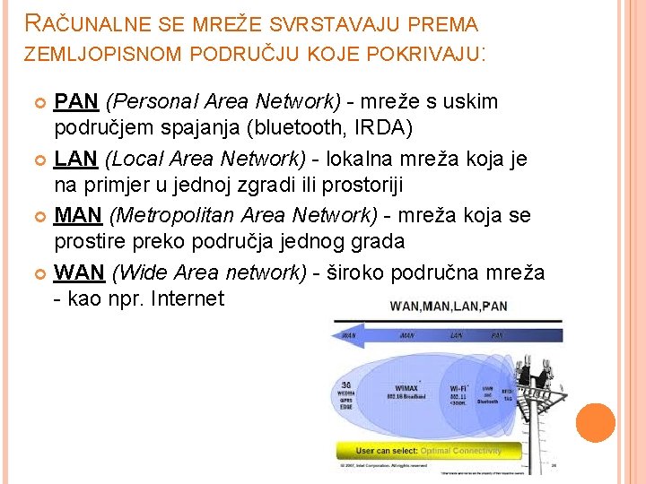 RAČUNALNE SE MREŽE SVRSTAVAJU PREMA ZEMLJOPISNOM PODRUČJU KOJE POKRIVAJU: PAN (Personal Area Network) -