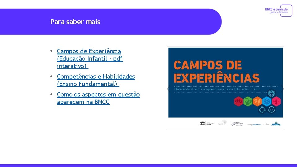 Para saber mais • Campos de Experiência (Educação Infantil - pdf interativo) • Competências