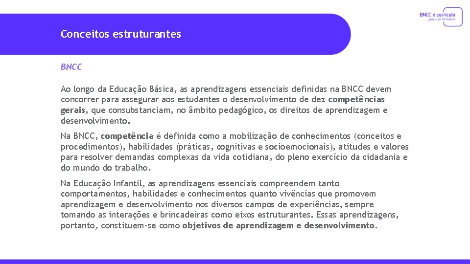 Conceitos estruturantes BNCC Ao longo da Educação Básica, as aprendizagens essenciais definidas na BNCC