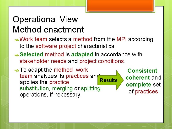 Operational View Method enactment Work team selects a method from the MPI according to