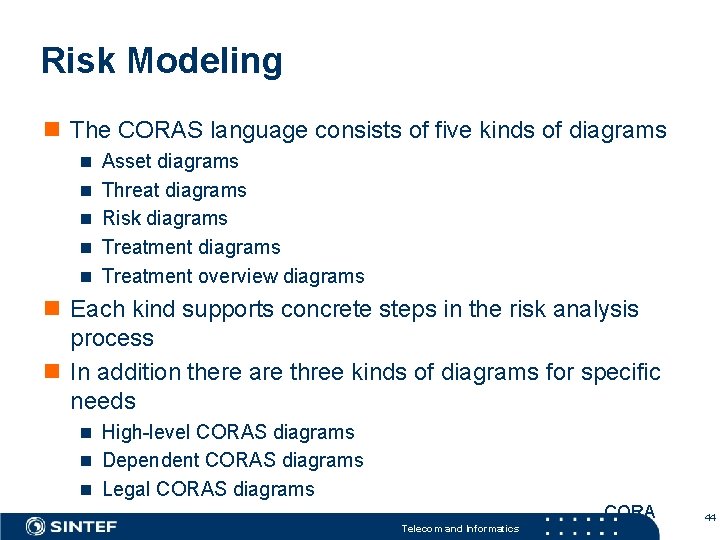 Risk Modeling n The CORAS language consists of five kinds of diagrams n Asset