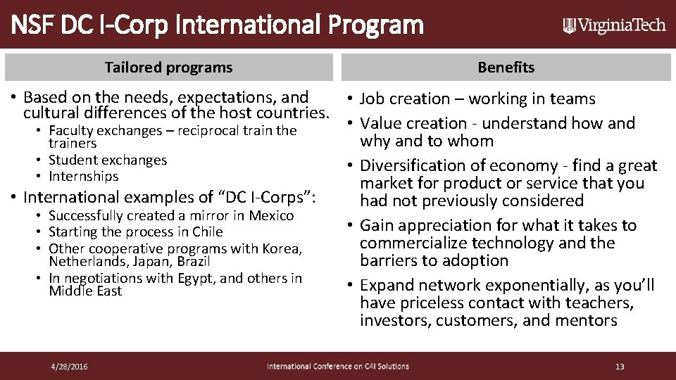 NSF DC I-Corp International Program Tailored programs Benefits • Based on the needs, expectations,