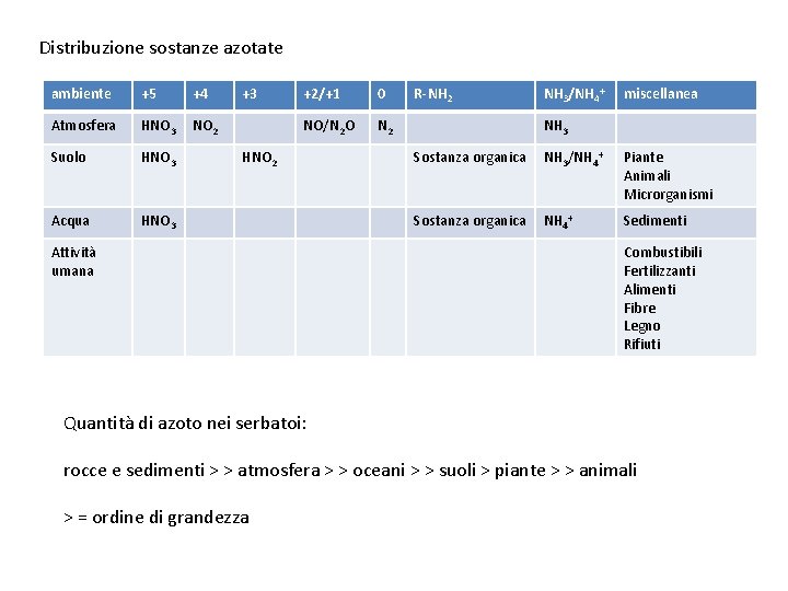 Distribuzione sostanze azotate ambiente +5 +4 Atmosfera HNO 3 NO 2 Suolo HNO 3