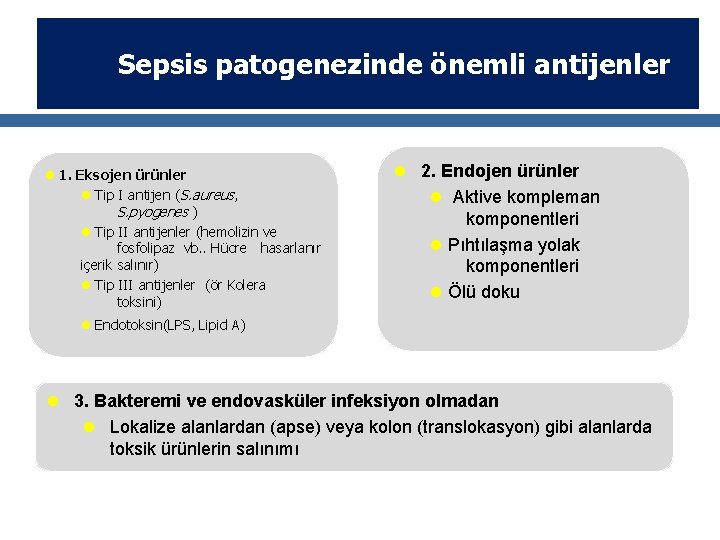 Sepsis patogenezinde önemli antijenler l 1. Eksojen ürünler l Tip I antijen (S. aureus,
