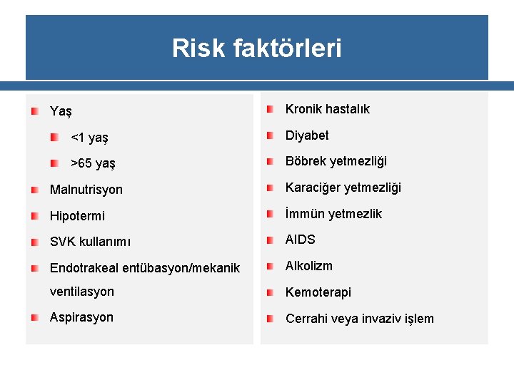 Risk faktörleri Yaş Kronik hastalık <1 yaş Diyabet >65 yaş Böbrek yetmezliği Malnutrisyon Karaciğer