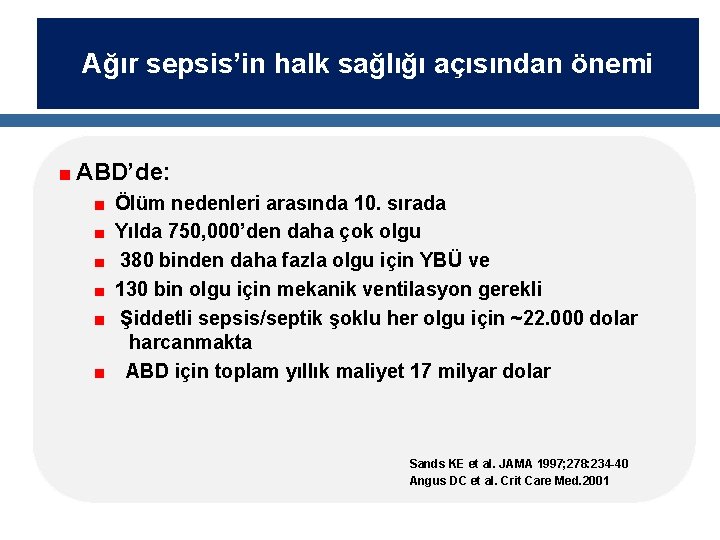 Ağır sepsis’in halk sağlığı açısından önemi ABD’de: Ölüm nedenleri arasında 10. sırada Yılda 750,