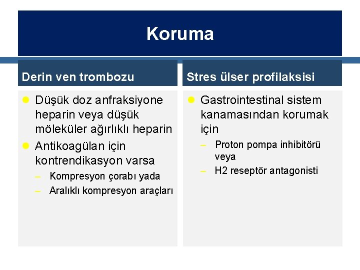 Koruma Derin ven trombozu Stres ülser profilaksisi l Düşük doz anfraksiyone l Gastrointestinal sistem