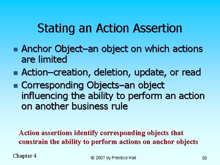 Stating an Action Assertion n Anchor Object–an object on which actions are limited Action–creation,