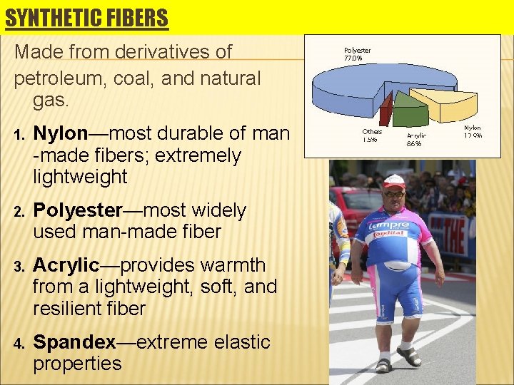 SYNTHETIC FIBERS Made from derivatives of petroleum, coal, and natural gas. 1. Nylon—most durable