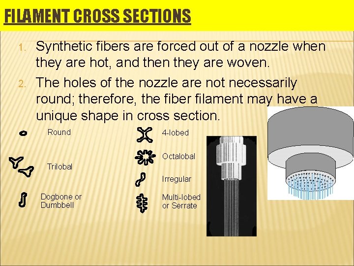 FILAMENT CROSS SECTIONS 1. 2. Synthetic fibers are forced out of a nozzle when