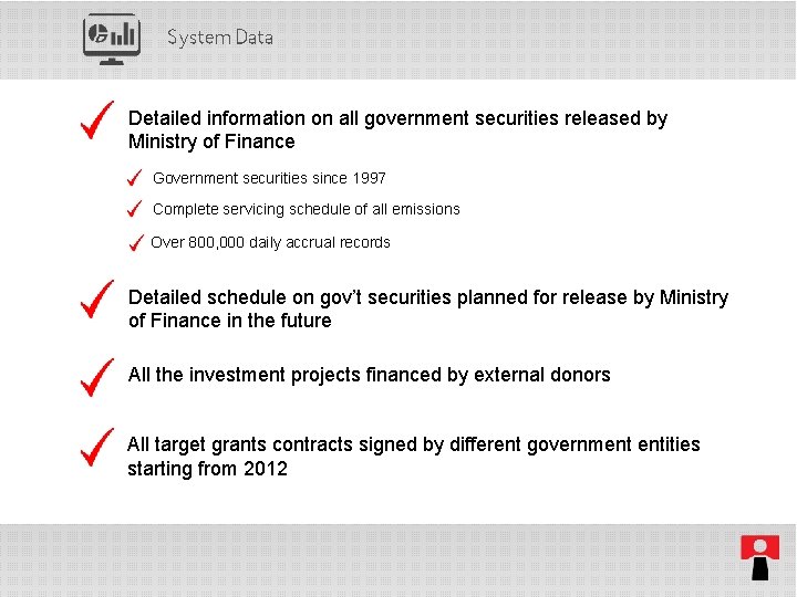System Data Detailed information on all government securities released by Ministry of Finance Government