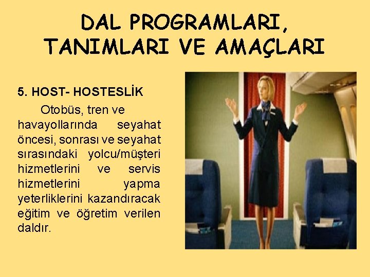 DAL PROGRAMLARI, TANIMLARI VE AMAÇLARI 5. HOST- HOSTESLİK Otobüs, tren ve havayollarında seyahat öncesi,