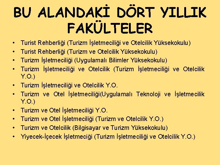 BU ALANDAKİ DÖRT YILLIK FAKÜLTELER • • • Turist Rehberliği (Turizm İşletmeciliği ve Otelcilik