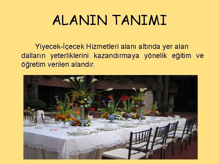 ALANIN TANIMI Yiyecek-İçecek Hizmetleri alanı altında yer alan dalların yeterliklerini kazandırmaya yönelik eğitim ve