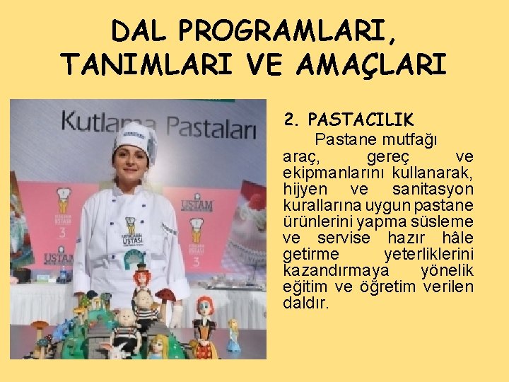 DAL PROGRAMLARI, TANIMLARI VE AMAÇLARI 2. PASTACILIK Pastane mutfağı araç, gereç ve ekipmanlarını kullanarak,