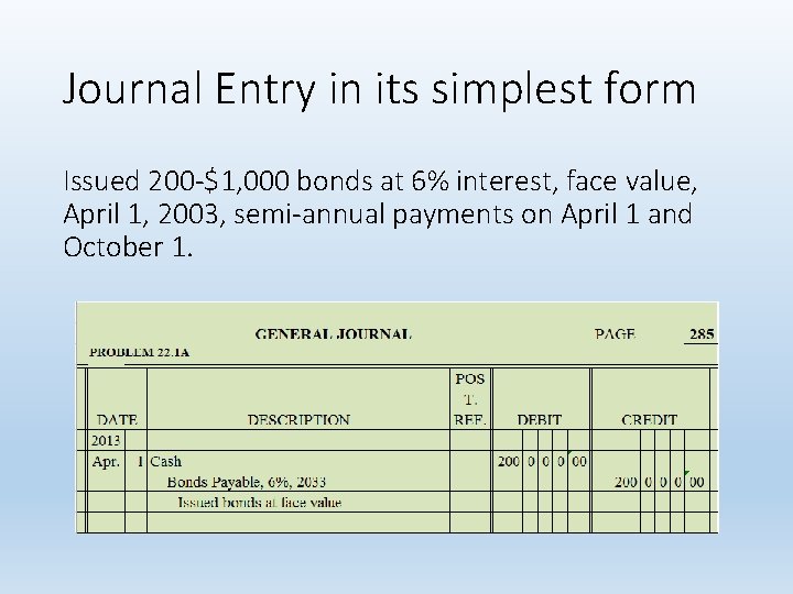 Journal Entry in its simplest form Issued 200 -$1, 000 bonds at 6% interest,