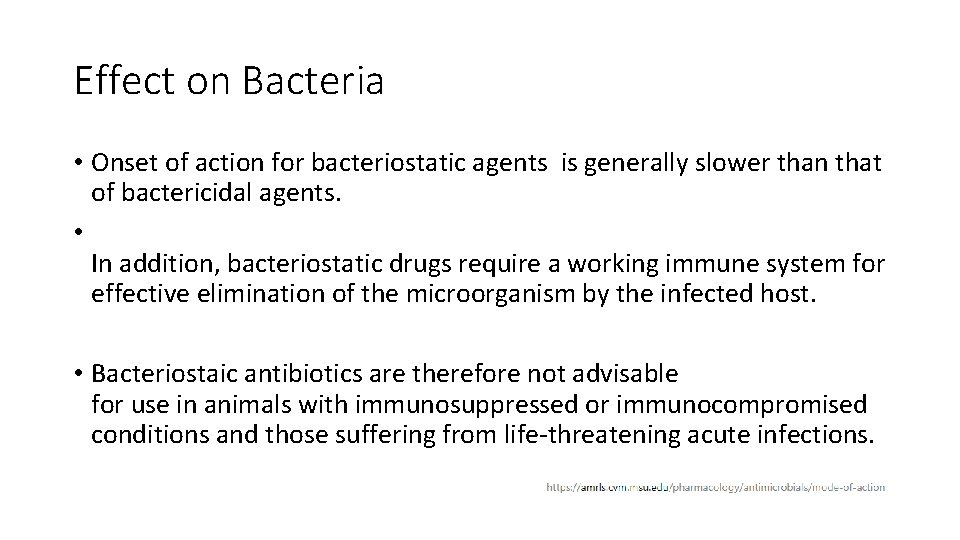 Effect on Bacteria • Onset of action for bacteriostatic agents is generally slower than