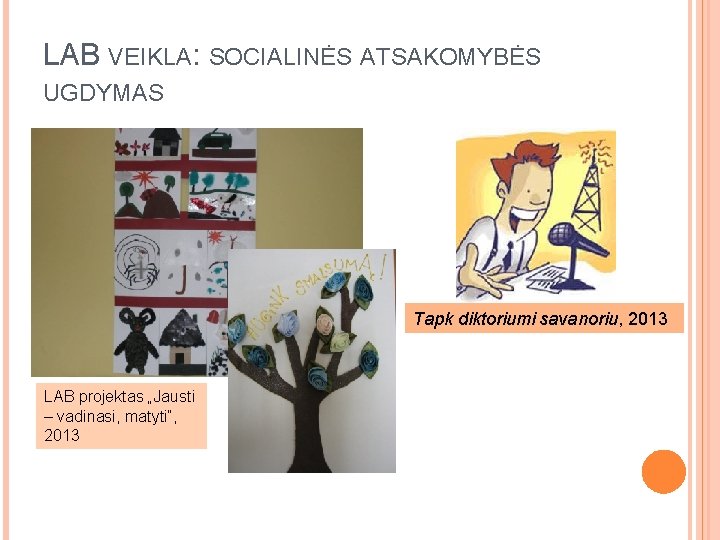 LAB VEIKLA: SOCIALINĖS ATSAKOMYBĖS UGDYMAS Tapk diktoriumi savanoriu, 2013 LAB projektas „Jausti – vadinasi,