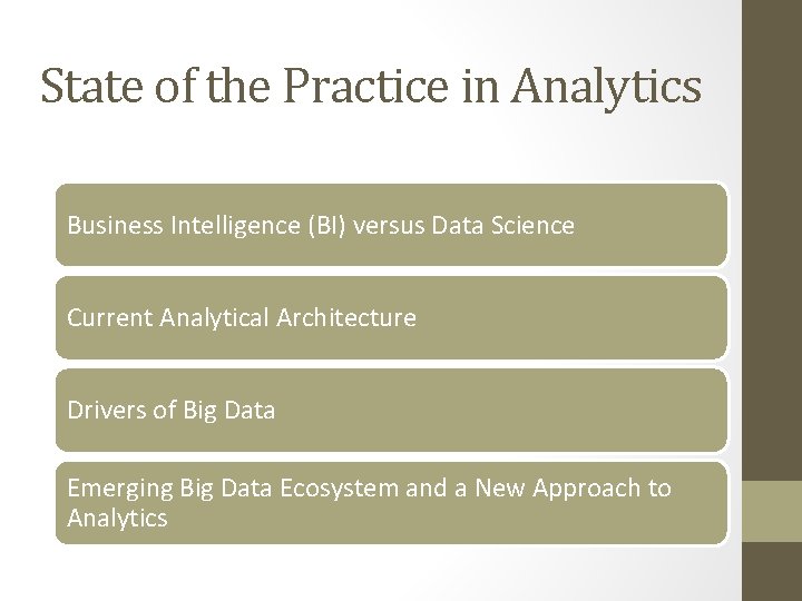 State of the Practice in Analytics Business Intelligence (BI) versus Data Science Current Analytical