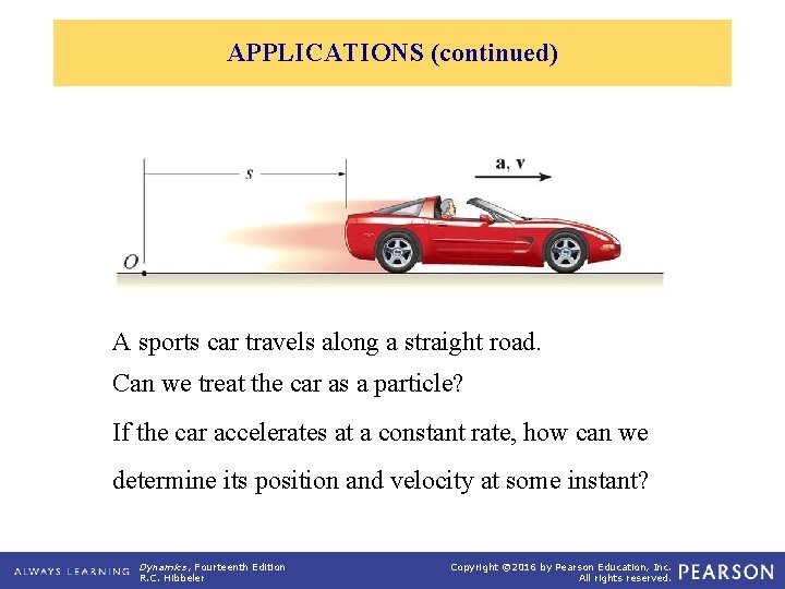 APPLICATIONS (continued) A sports car travels along a straight road. Can we treat the