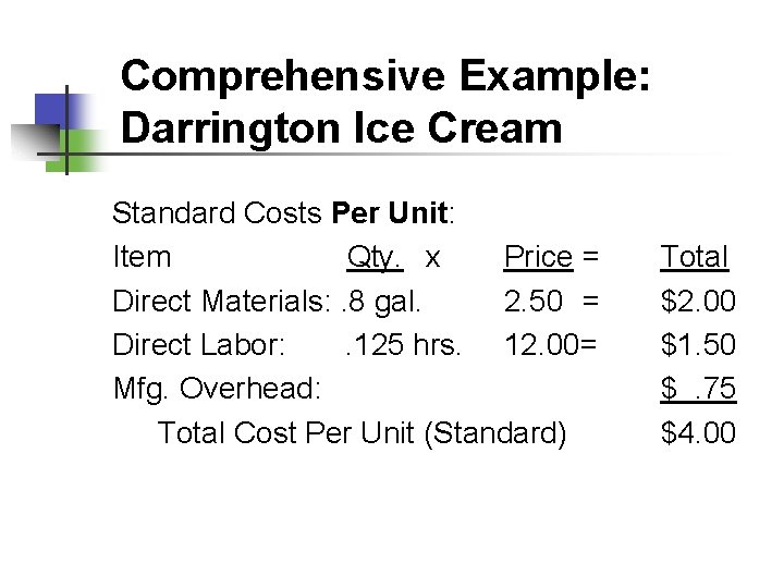 Comprehensive Example: Darrington Ice Cream Standard Costs Per Unit: Item Qty. x Price =