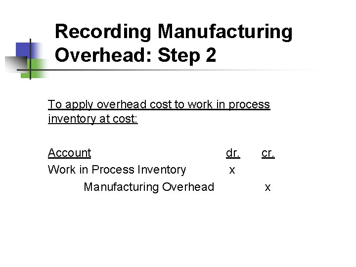 Recording Manufacturing Overhead: Step 2 To apply overhead cost to work in process inventory